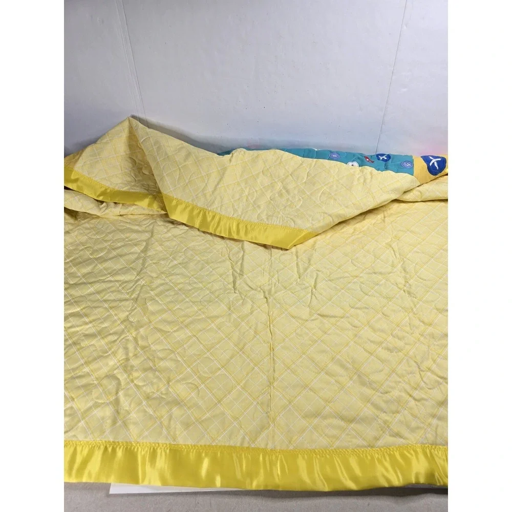 Vintage Baby Quilt Blanket Rocking Horse Teddy Bear Button Yellow Blue